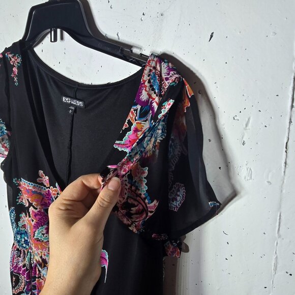 Express Dark Floral Paisley Mini Dress Size Medium Boho Multicolor Summer Short - Picture 3 of 10
